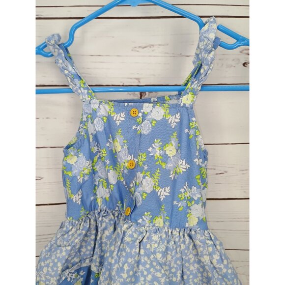 Floral Blue Girls Dress By HappyThreads 5Y With Button Details & Ruffles - Picture 3 of 6